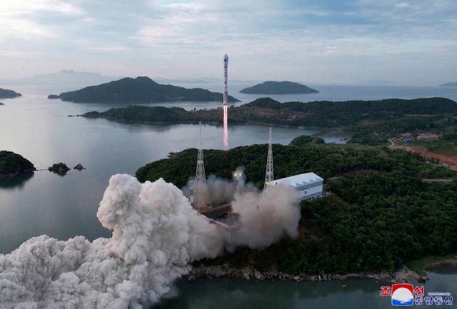 <p> A still photograph shows what appears to be North Korea's new Chollima-1 rocket being launched in Cholsan County, North Korea on 31 May 2023 </p>