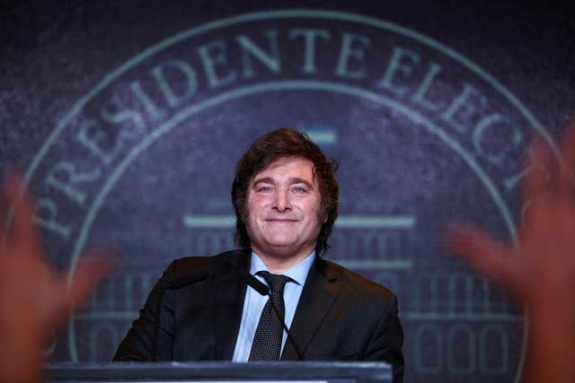 <p>File Argentine president-elect Javier Milei addresses supporters after winning Argentina's runoff presidential election, in Buenos Aires</p>
