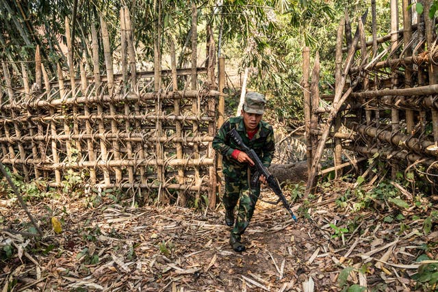 <p>File. A member of ethnic rebel group Ta’ang National Liberation Army takes part in a training exercise at his base camp in the forest in Myanmar</p>