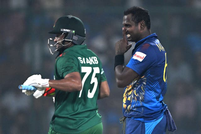 <p>Angelo Mathews and Shakib Al Hasan exchanged words in post match interviews about the controversial incident</p>