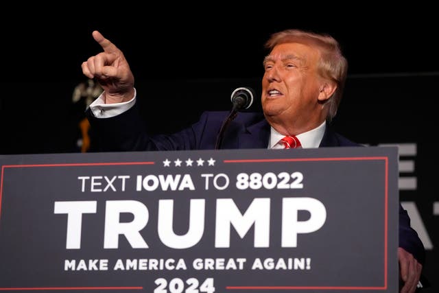 <p>Donald Trump campaigns for the 2024 GOP nomination at a rally in Iowa </p>