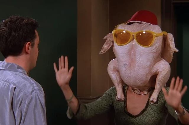 Chandler (Matthew Perry) and Monica (Courtney Cox) in the classic Friends episode 'The One With All the Thanksgivings'
