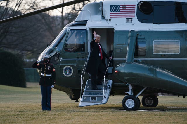 <p>President Donald Trump boards Marine One as he departs the White House on January 20, 2021 in Washington, DC.</p>