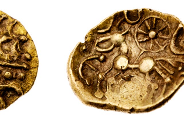 <p>the gold coin is stamped with the name Esunertos, a previously unrecorded Iron Age ruler</p>