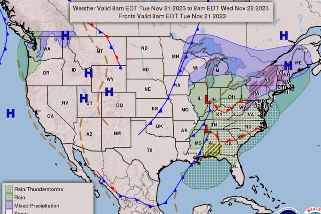 <p>A National Weather Service forecast map showing freezing rain arriving in the northeast and thunderstorms forming in the Midwest just in time to disrupt Thanksgiving travel</p>